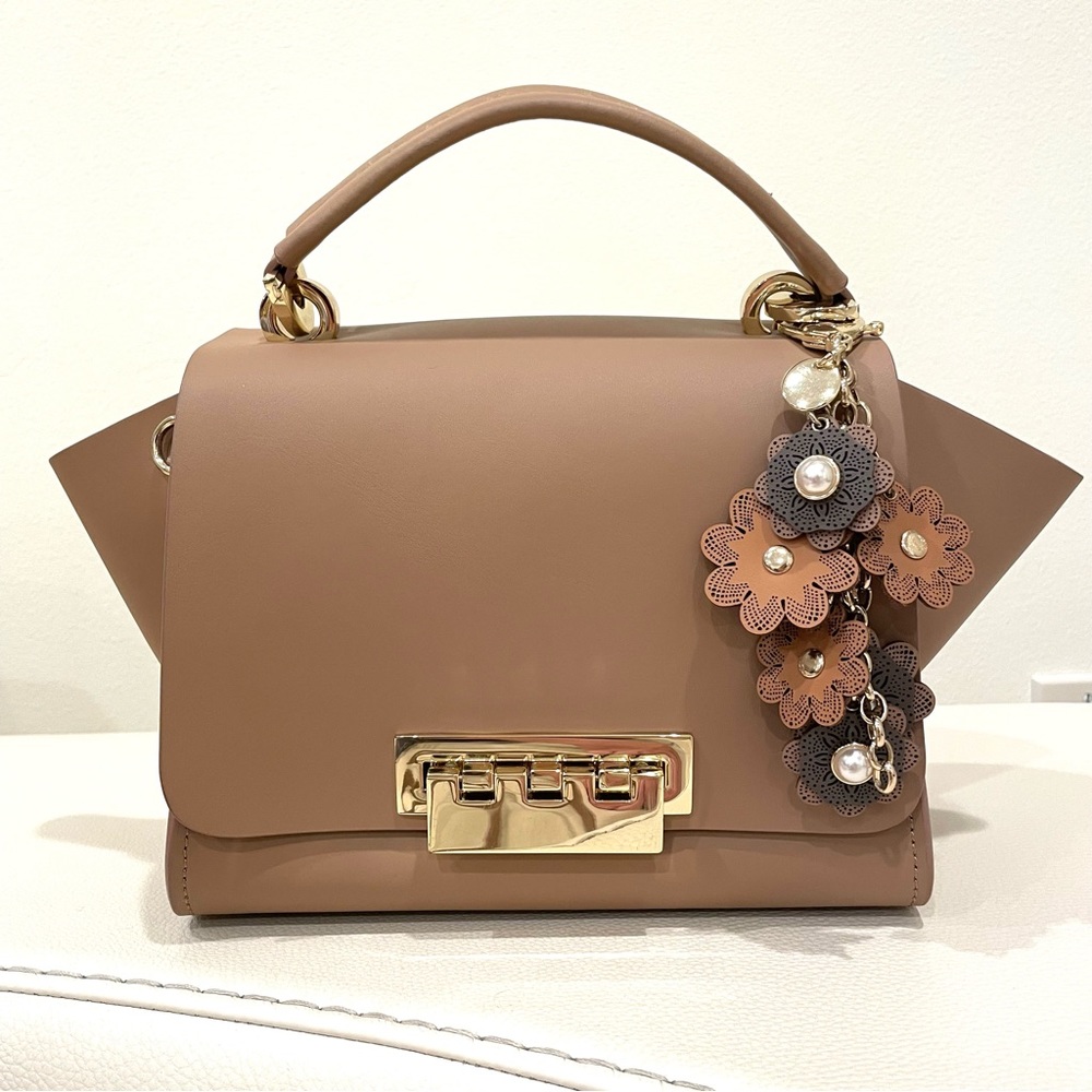 Zac Posen Women’s Eartha Tan Leather Top Handle Crossbody Flap Bag with Charm